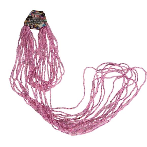 48" Long Pink Seed Bead Necklace Boho Multistrand India Handmade Jewelry NEW - Picture 2 of 9